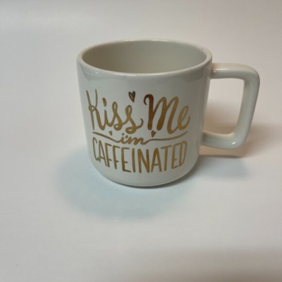 Stoneware Mug - "Kiss Me I'm Caffeinated" - 12 oz - Cream with Gold Writing - Picture 1 of 5